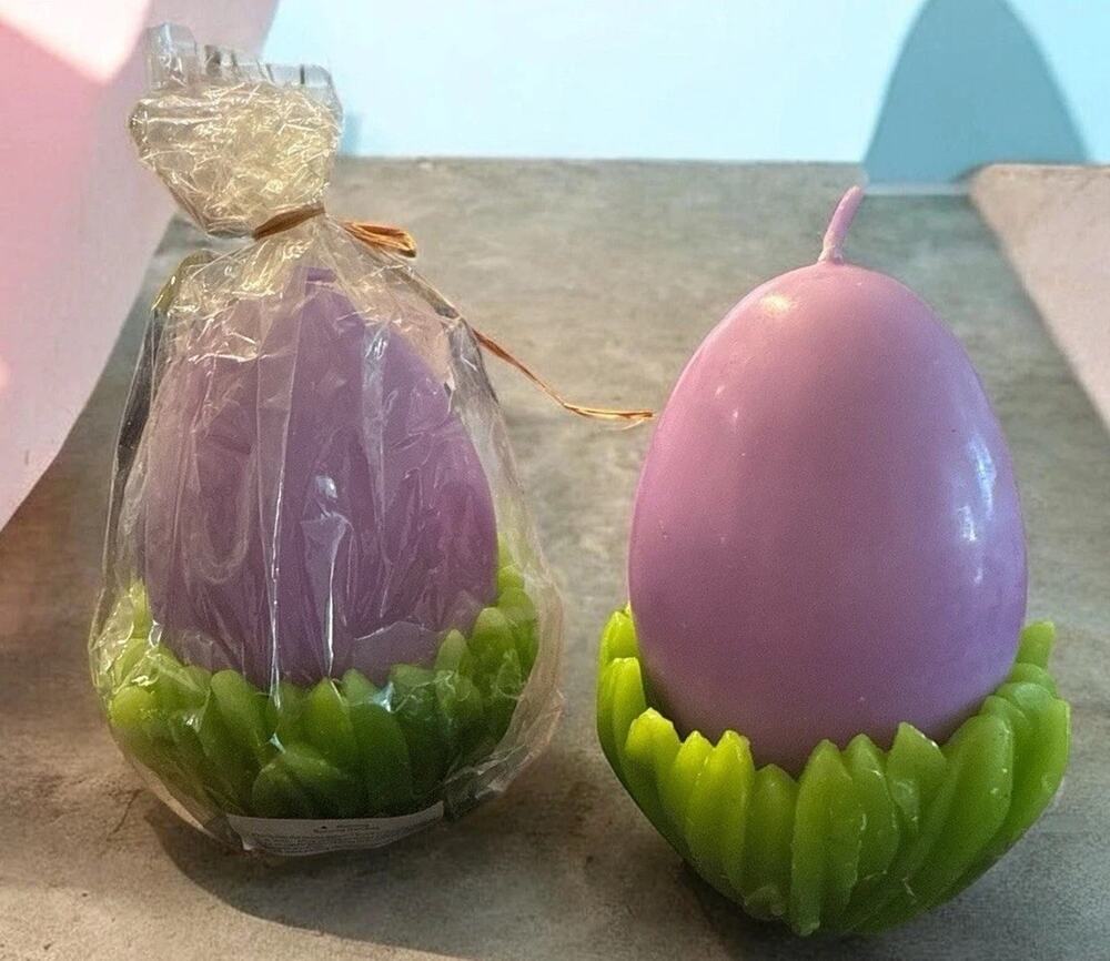 Egg Shaped Purple Novelty Candles with Green Holders, Easter Decorative Set of 2